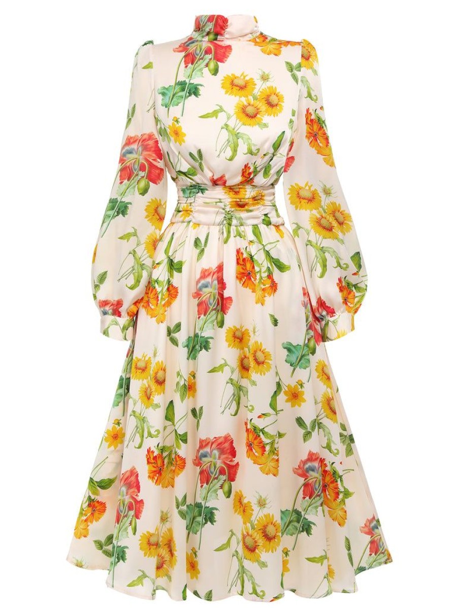 Clothing Retro Stage | 1930S Flower Long Sleeves Swing Dress Multi-Color