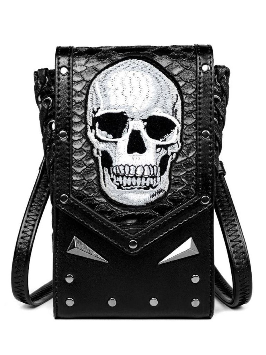 Accessories Retro Stage | Black Halloween Embroidered Skull Bag