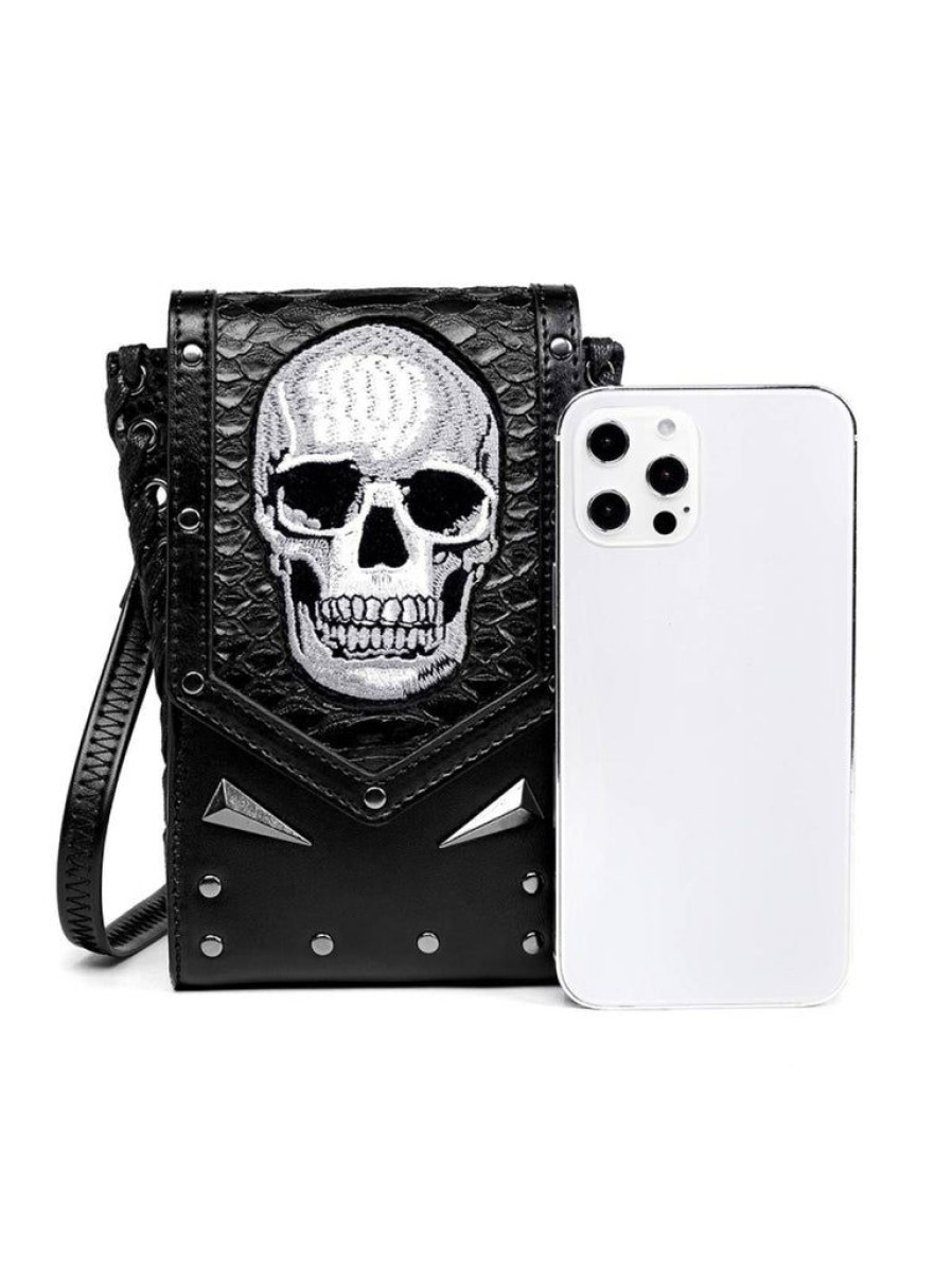 Accessories Retro Stage | Black Halloween Embroidered Skull Bag