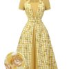 Clothing Retro Stage | 1950S Plaid Rose Panel Raglan Dress Yellow