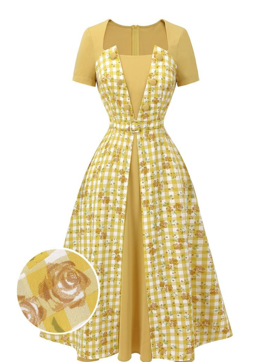 Clothing Retro Stage | 1950S Plaid Rose Panel Raglan Dress Yellow