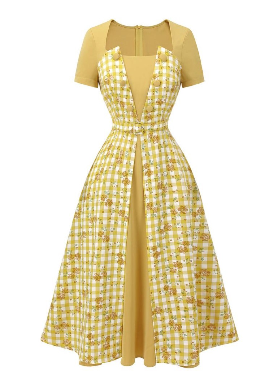 Clothing Retro Stage | 1950S Plaid Rose Panel Raglan Dress Yellow