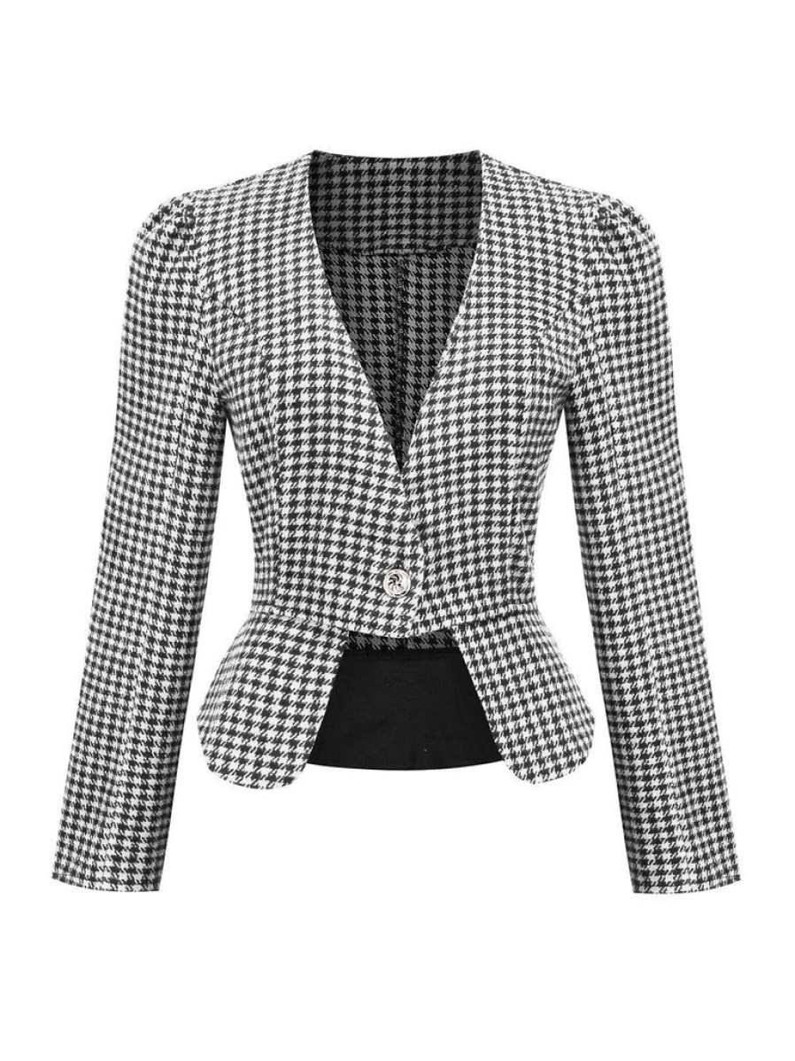 Clothing Retro Stage | 1940S Retro Plaid Button Fitted Blazer