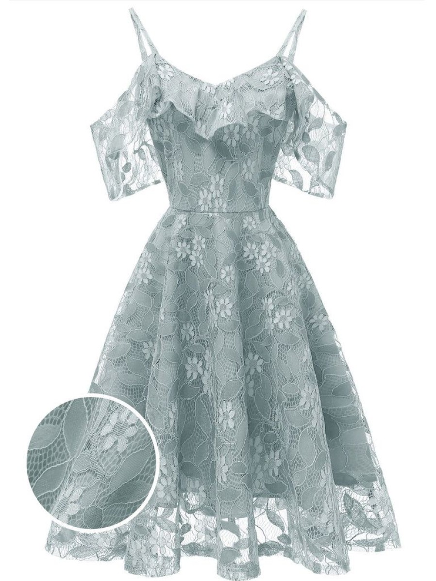 Clothing Retro Stage | 1950S Lace Cold Shoulder Ruffle Dress