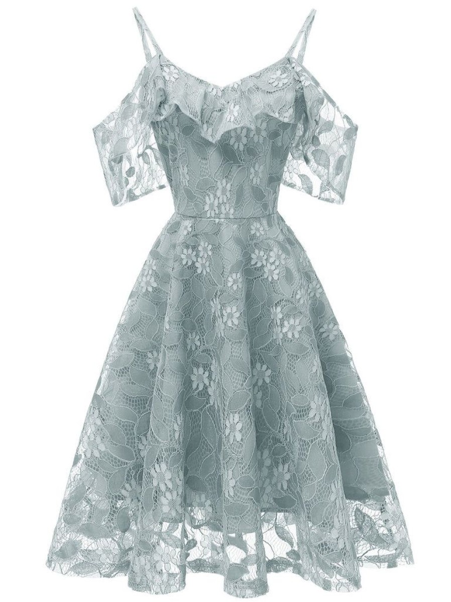 Clothing Retro Stage | 1950S Lace Cold Shoulder Ruffle Dress