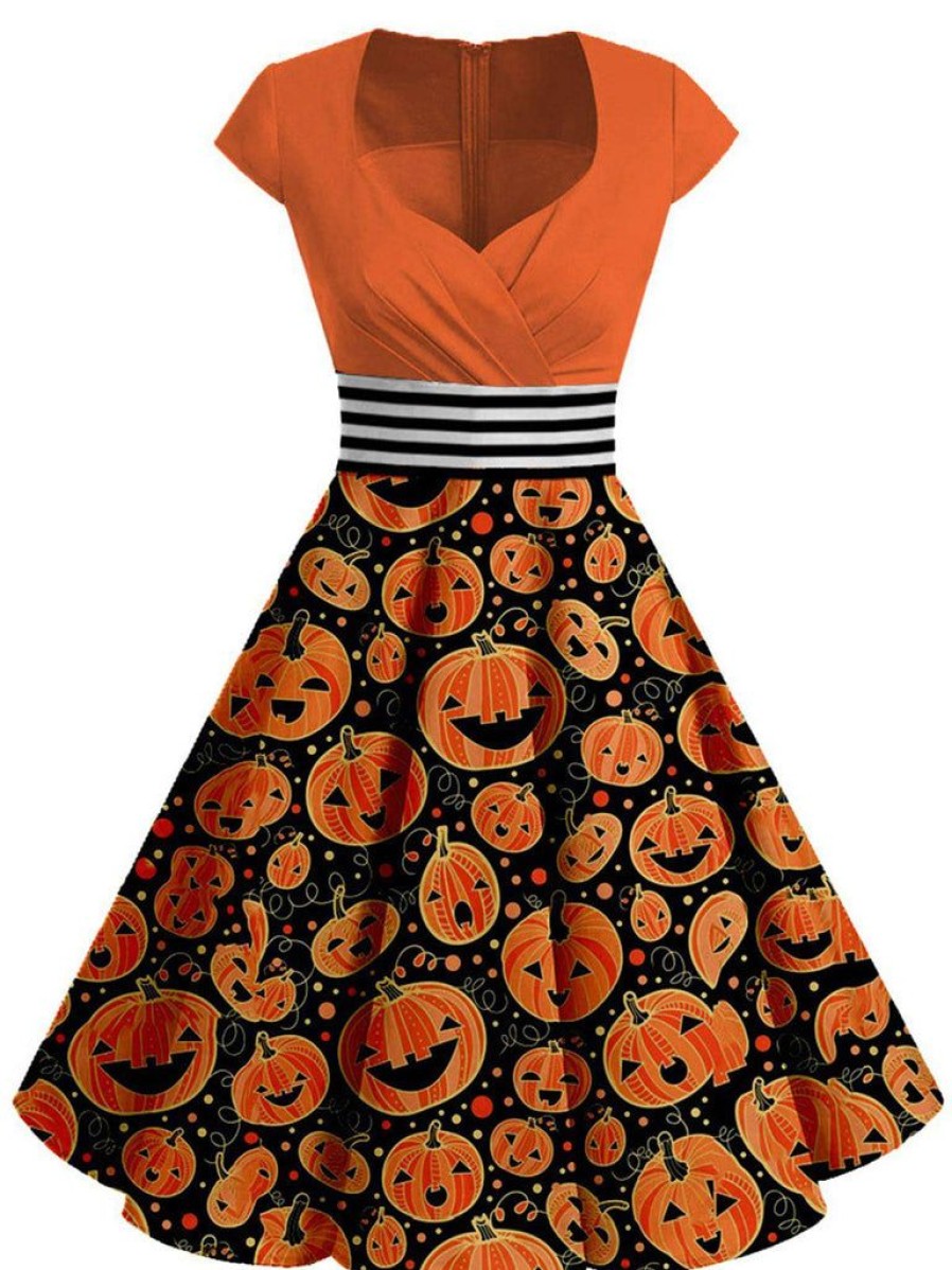 Clothing Retro Stage | [Plus Size] 1950S Costume Dress Orange