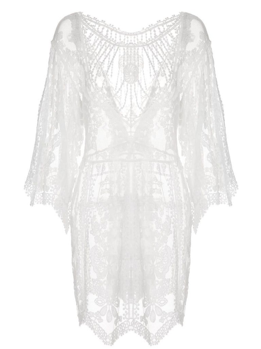 Clothing Retro Stage | White V-Neck Embroidered Lace Cover-Up