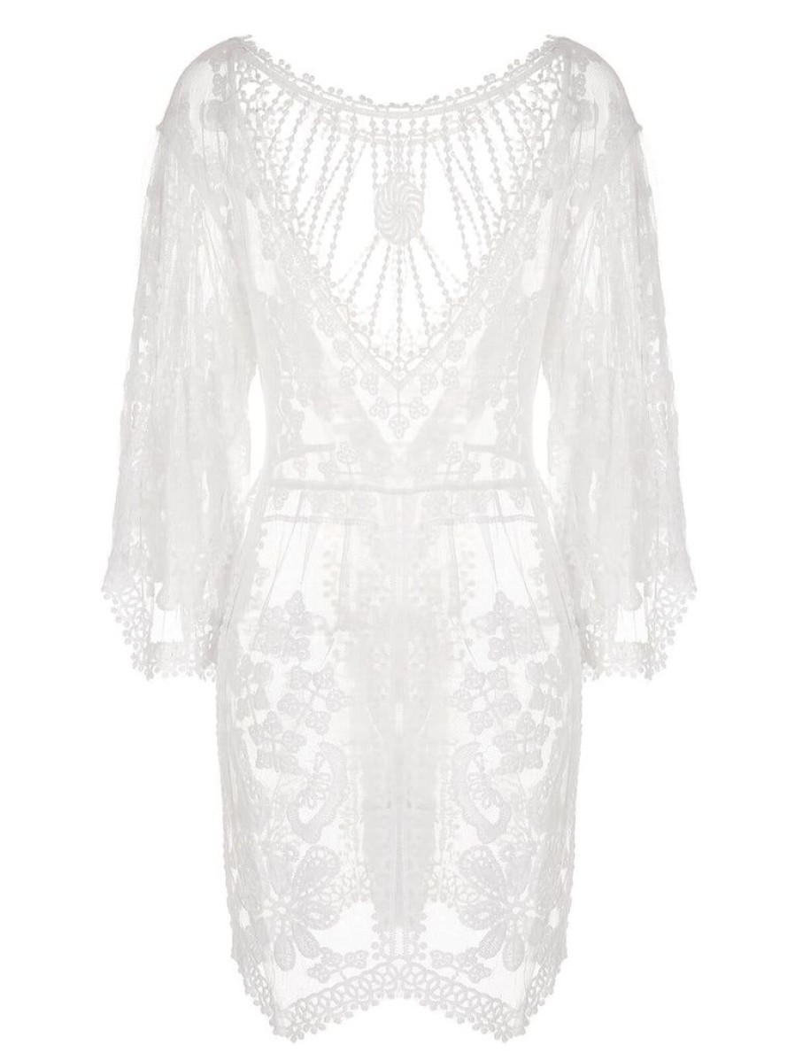 Clothing Retro Stage | White V-Neck Embroidered Lace Cover-Up