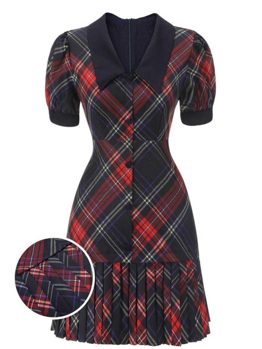 Clothing Retro Stage | 1960S Plaid Puff Sleeve Pleated Dress