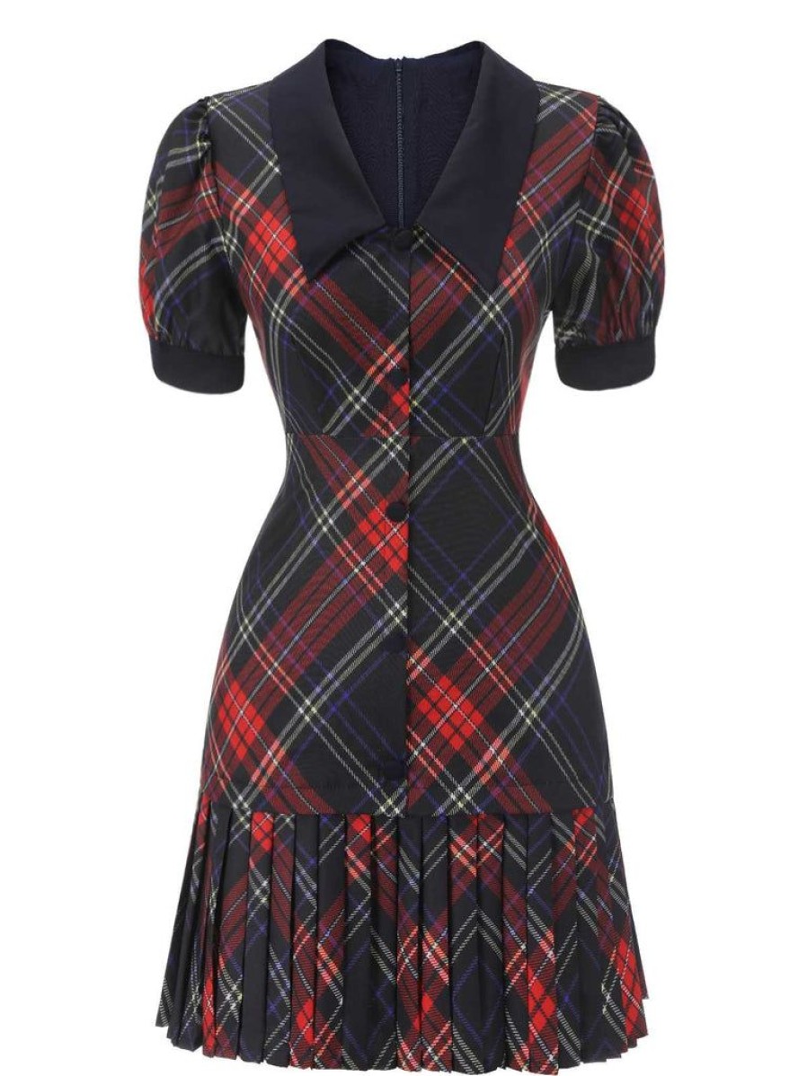 Clothing Retro Stage | 1960S Plaid Puff Sleeve Pleated Dress