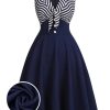 Clothing Retro Stage | 1950S Striped Patchwork Dress Navy Blue