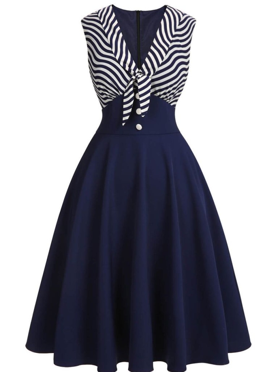 Clothing Retro Stage | 1950S Striped Patchwork Dress Navy Blue