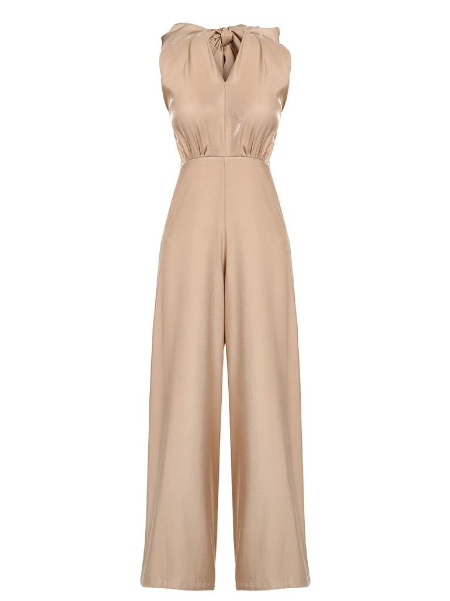 Clothing Retro Stage | 1930S Solid V-Neck Halter Jumpsuit Khaki