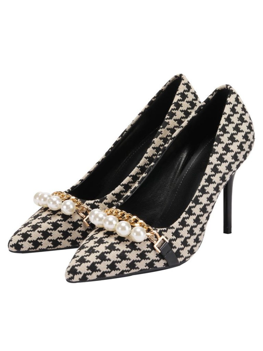 Shoes Retro Stage | Pointed Toe Houndstooth High Heel Shoes Black