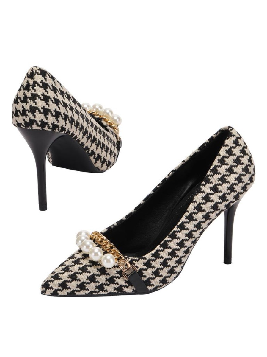 Shoes Retro Stage | Pointed Toe Houndstooth High Heel Shoes Black