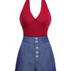 Clothing Retro Stage | 2Pcs Red 1950S Bodysuit & Denim Blue Buttons Shorts Red & Blue