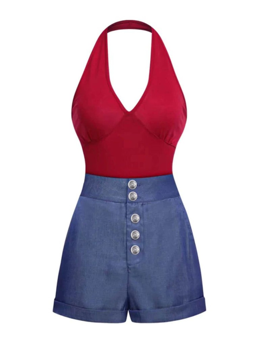 Clothing Retro Stage | 2Pcs Red 1950S Bodysuit & Denim Blue Buttons Shorts Red & Blue