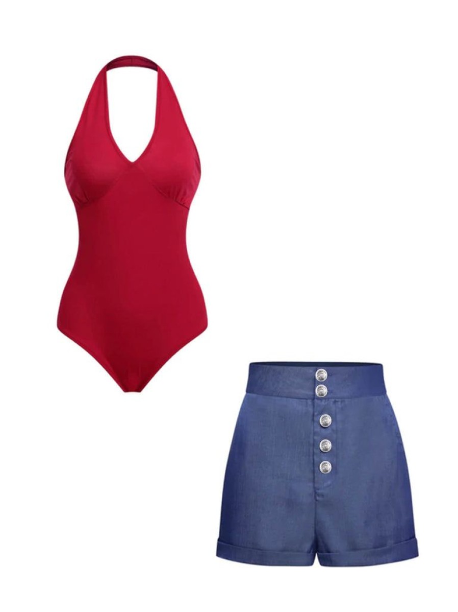 Clothing Retro Stage | 2Pcs Red 1950S Bodysuit & Denim Blue Buttons Shorts Red & Blue