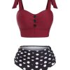 Clothing Retro Stage | 1950S Bowknot Spaghetti Strap Button Bikini Wine Red