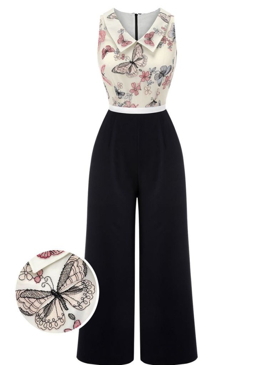 Clothing Retro Stage | 1930S Lapel Floral Butterfly Jumpsuit Black & White