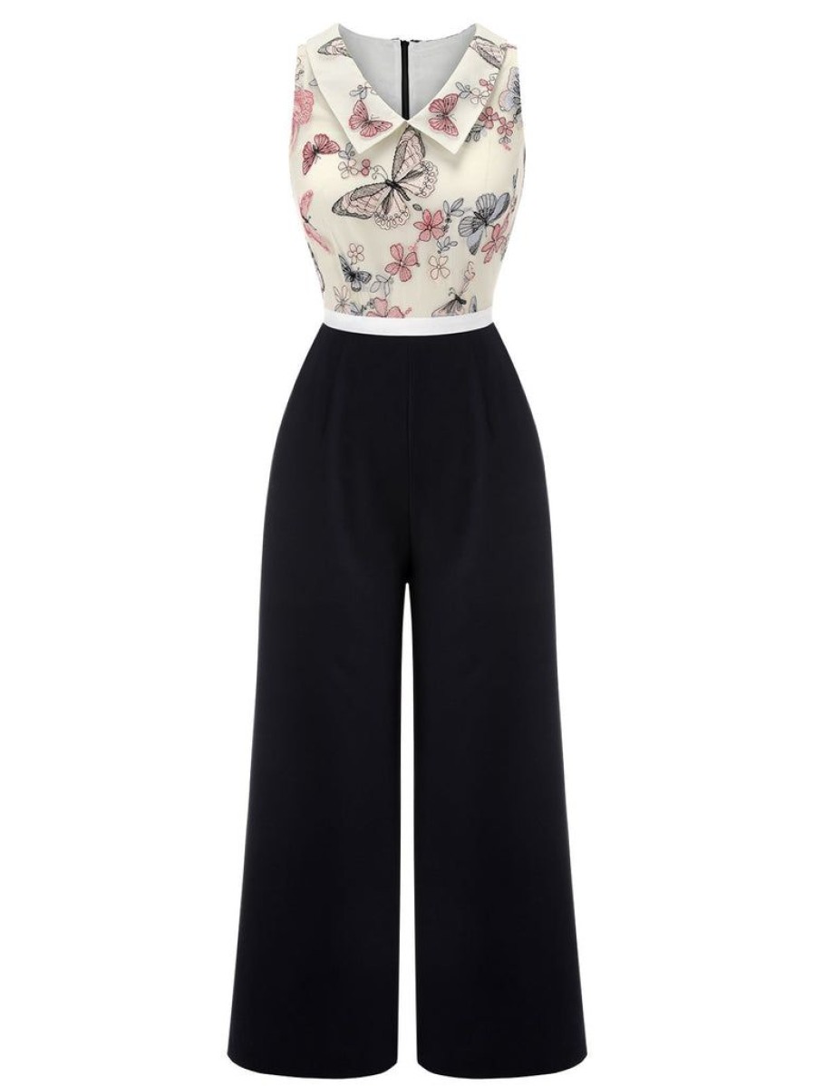 Clothing Retro Stage | 1930S Lapel Floral Butterfly Jumpsuit Black & White