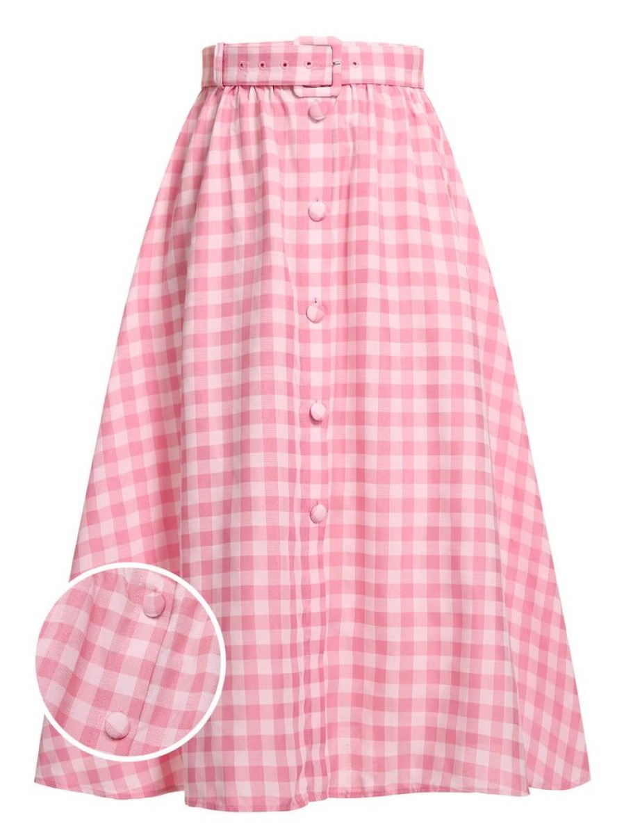 Clothing Retro Stage | 1950S Plaid Button Skirt With Belt Pink