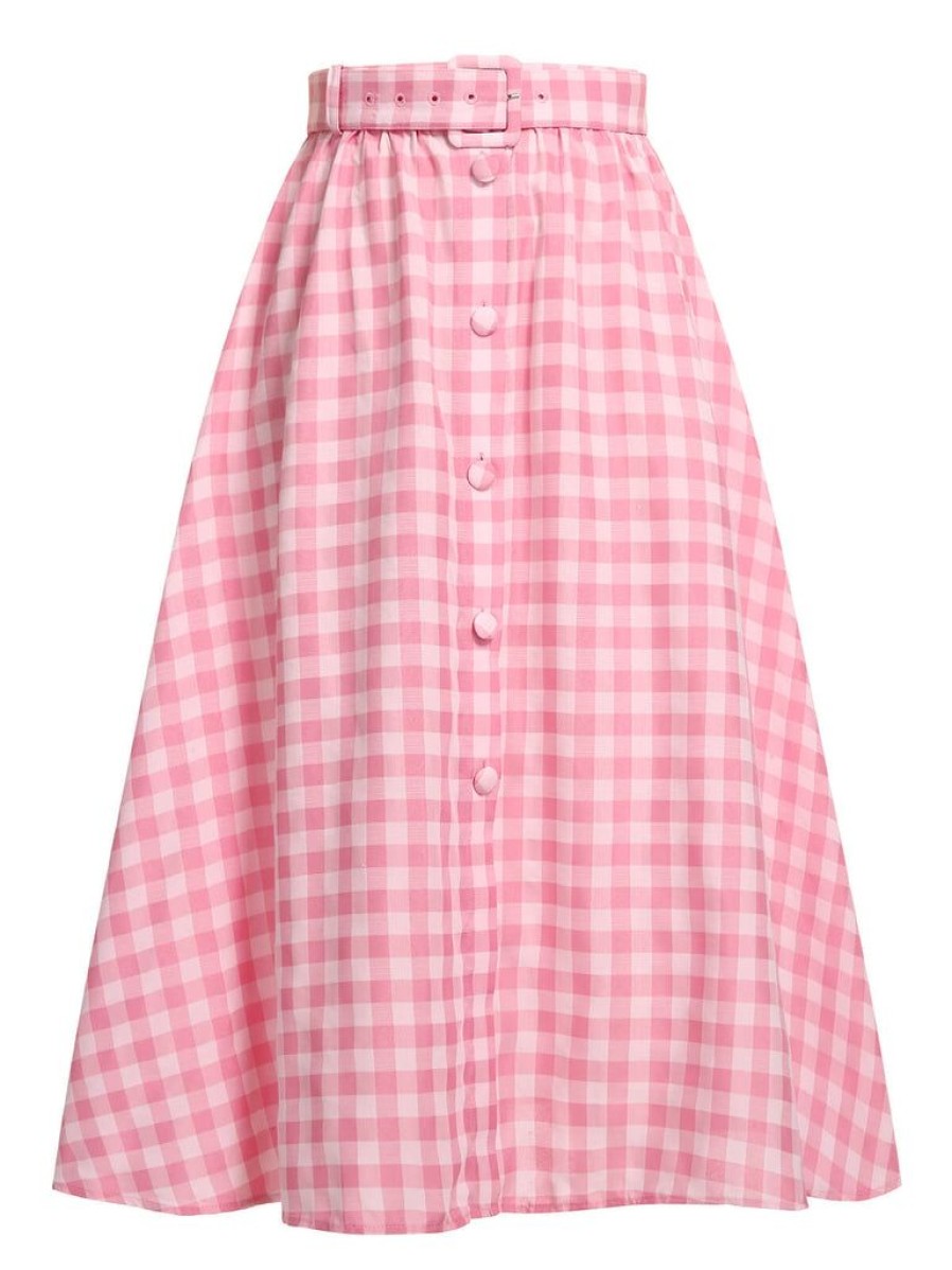 Clothing Retro Stage | 1950S Plaid Button Skirt With Belt Pink