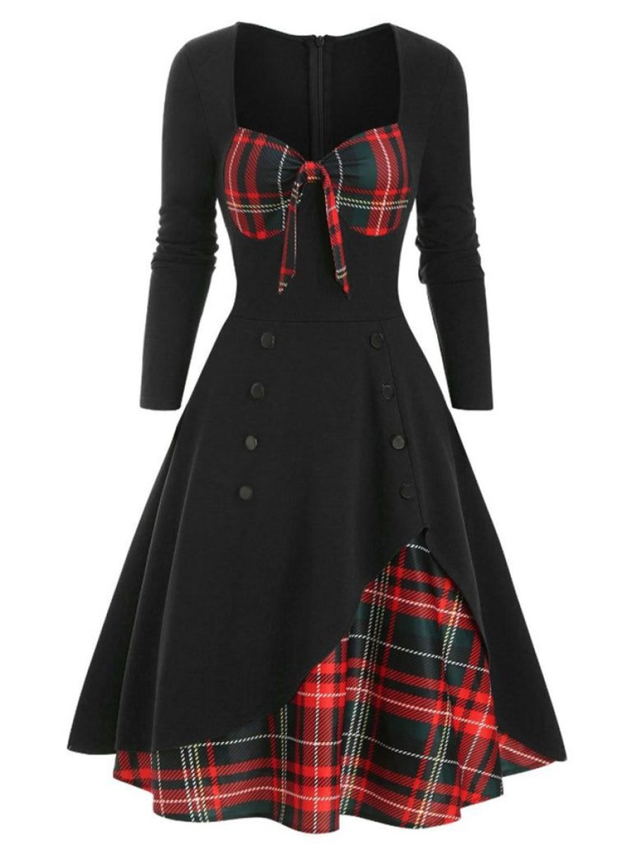 Clothing Retro Stage | 1950S Sweetheart Plaid Patchwork Dress