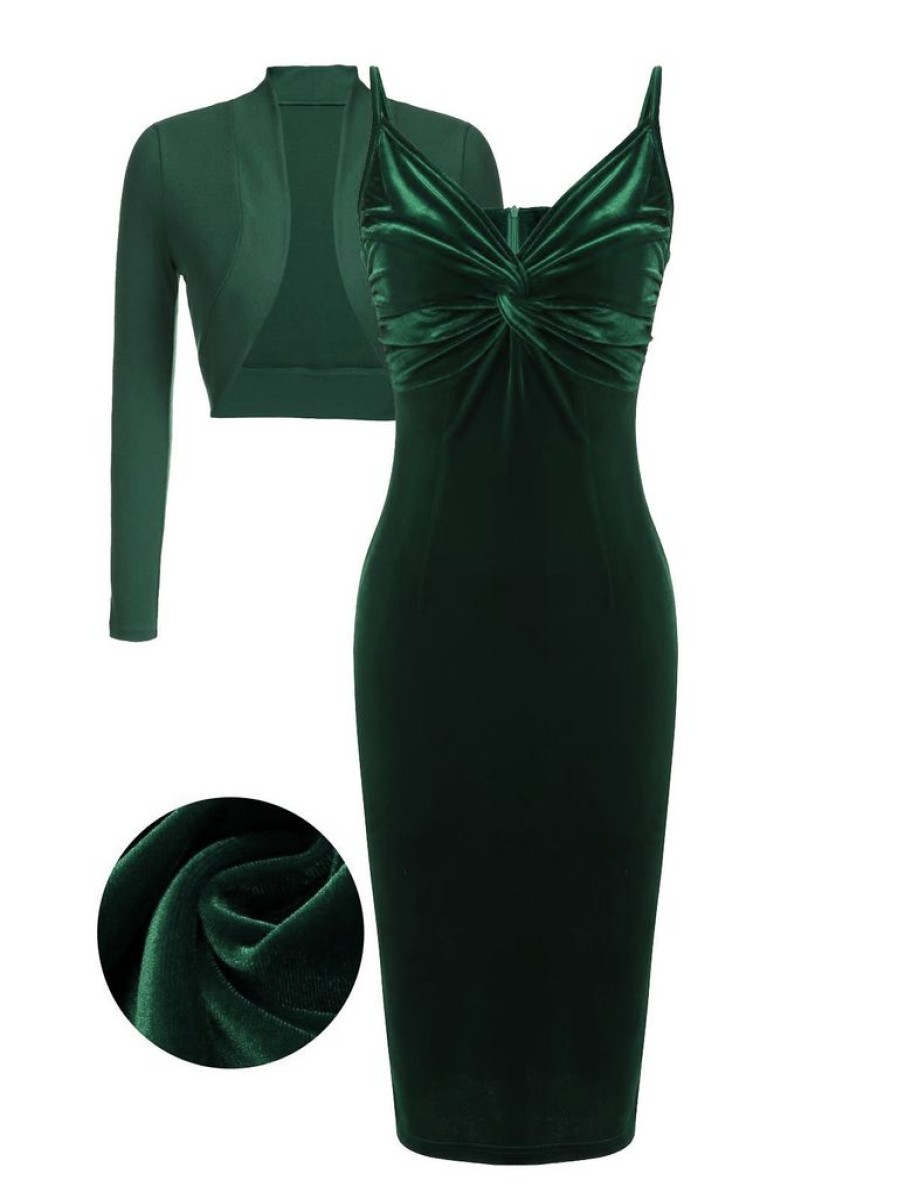 Clothing Retro Stage | 2Pcs 1960S Velvet Bodycon Dress