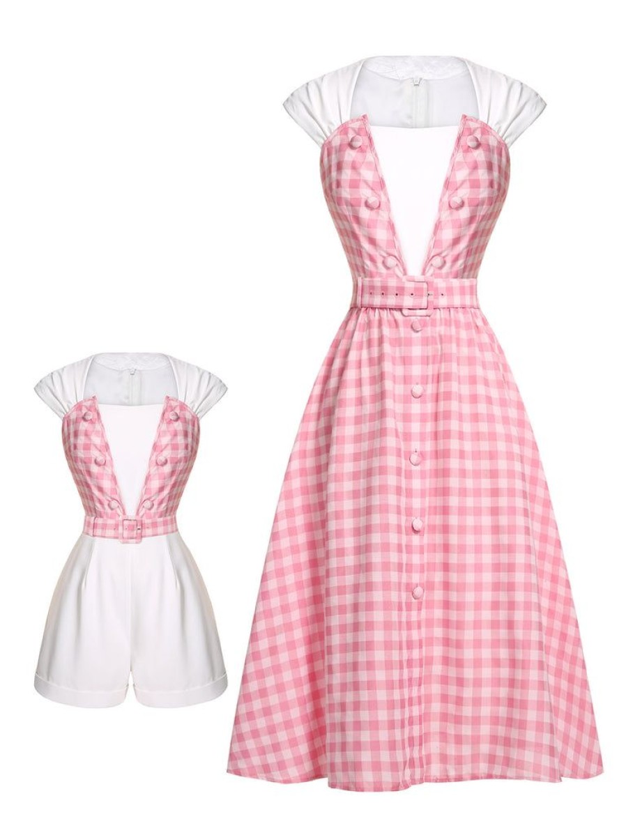 Clothing Retro Stage | 2Pcs 1950S Pink Plaid Skrit & Romper With Belt White & Pink