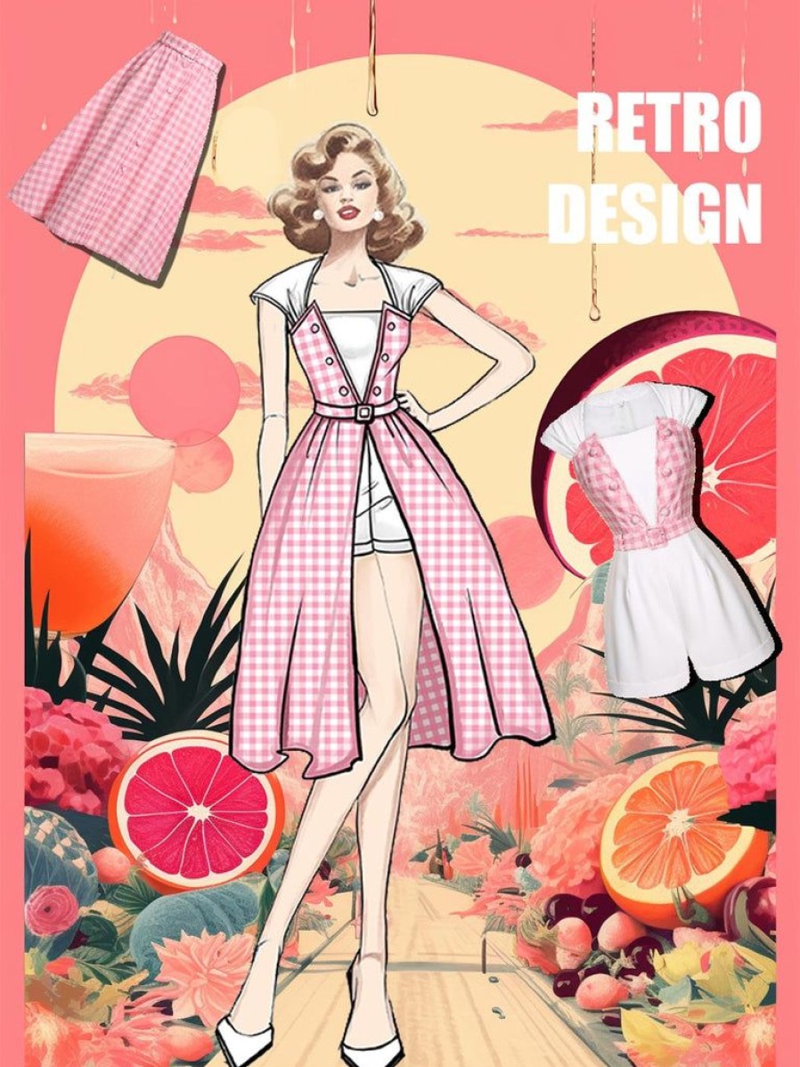 Clothing Retro Stage | 2Pcs 1950S Pink Plaid Skrit & Romper With Belt White & Pink