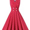 Clothing Retro Stage | 1950S Polka Dots Lapel Sleeveless Dress Rose Red