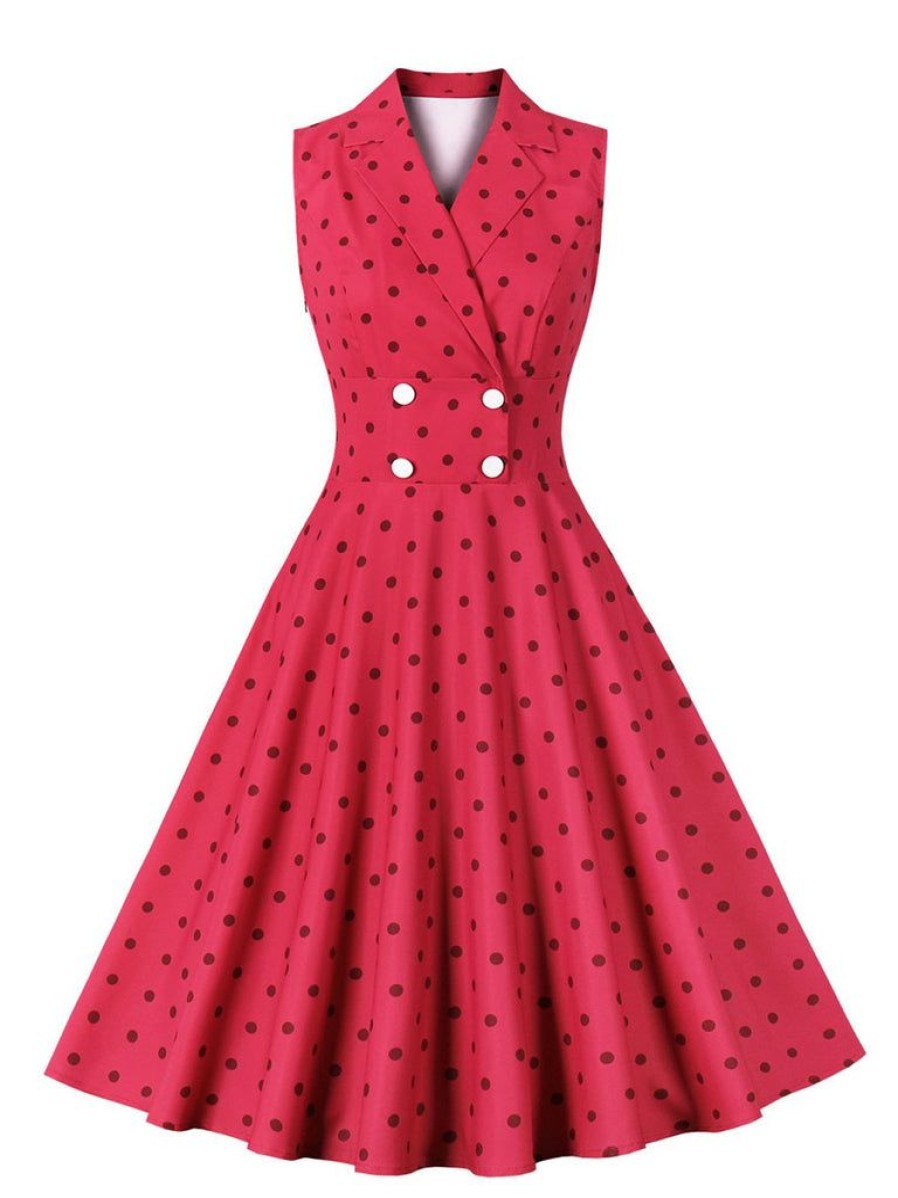 Clothing Retro Stage | 1950S Polka Dots Lapel Sleeveless Dress Rose Red