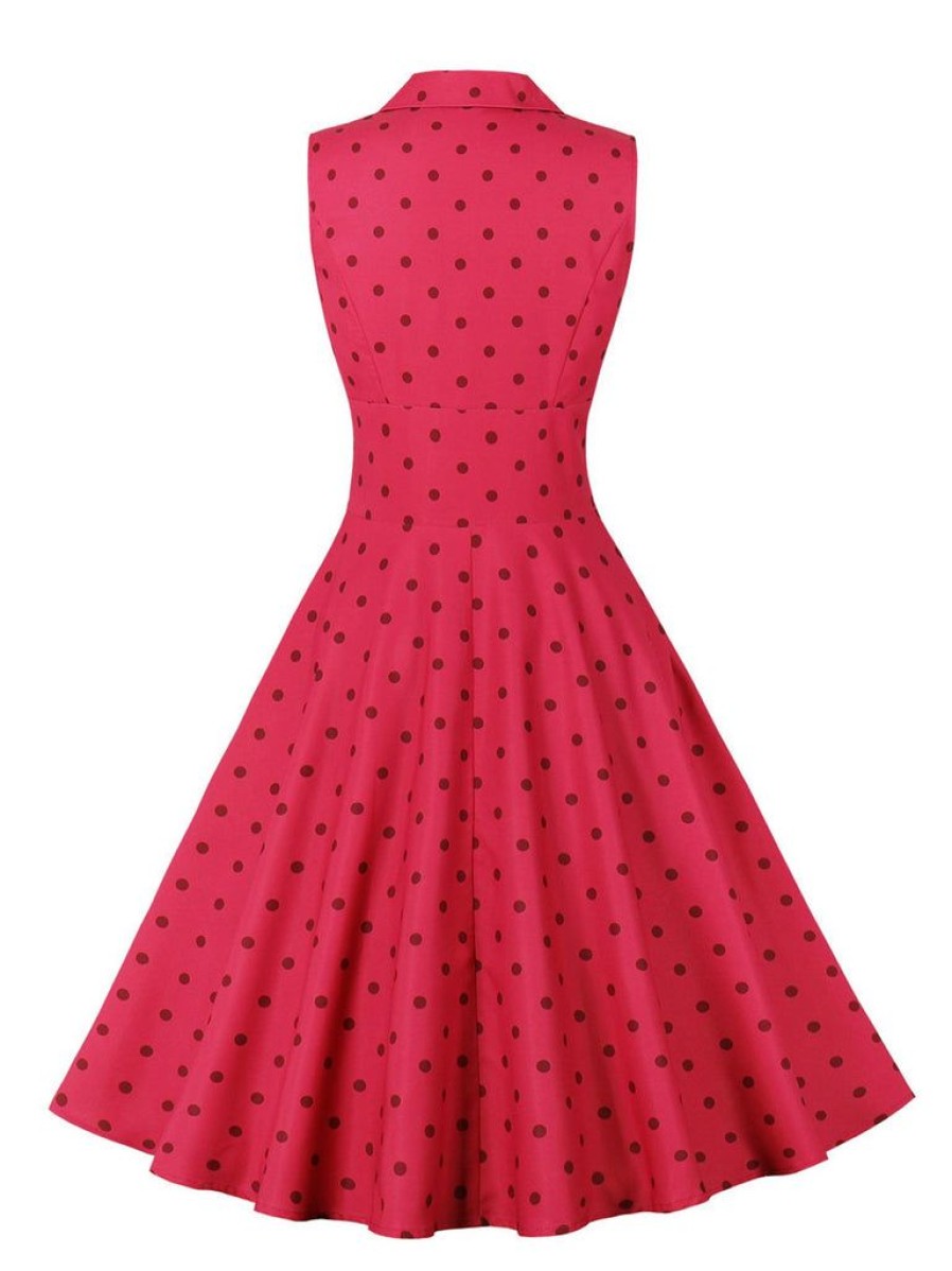 Clothing Retro Stage | 1950S Polka Dots Lapel Sleeveless Dress Rose Red