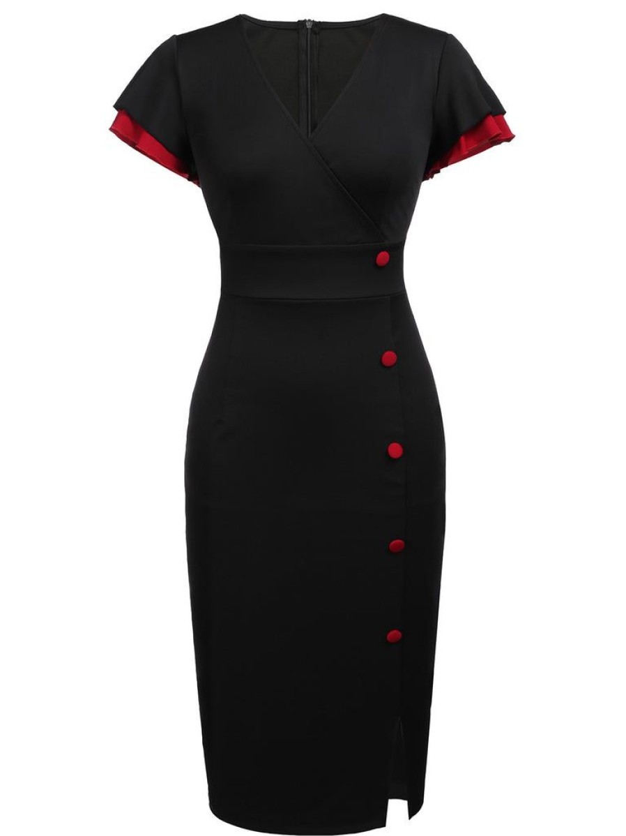 Clothing Retro Stage | 1960S Button Slit Bodycon Dress Black