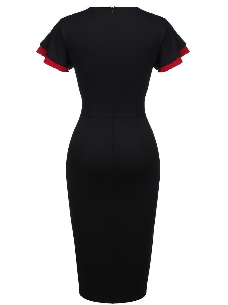 Clothing Retro Stage | 1960S Button Slit Bodycon Dress Black