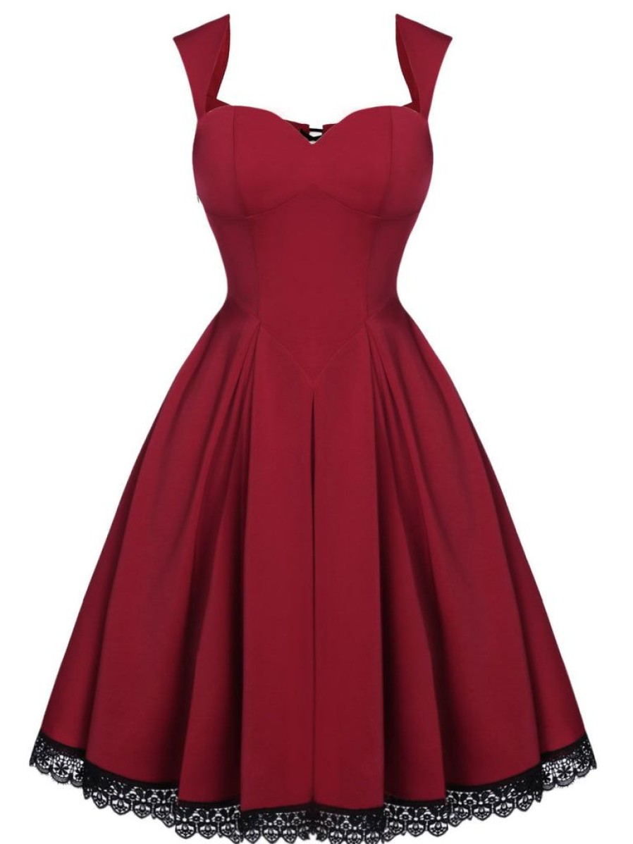 Clothing Retro Stage | 1950S Lace Solid Swing Dress Wine Red