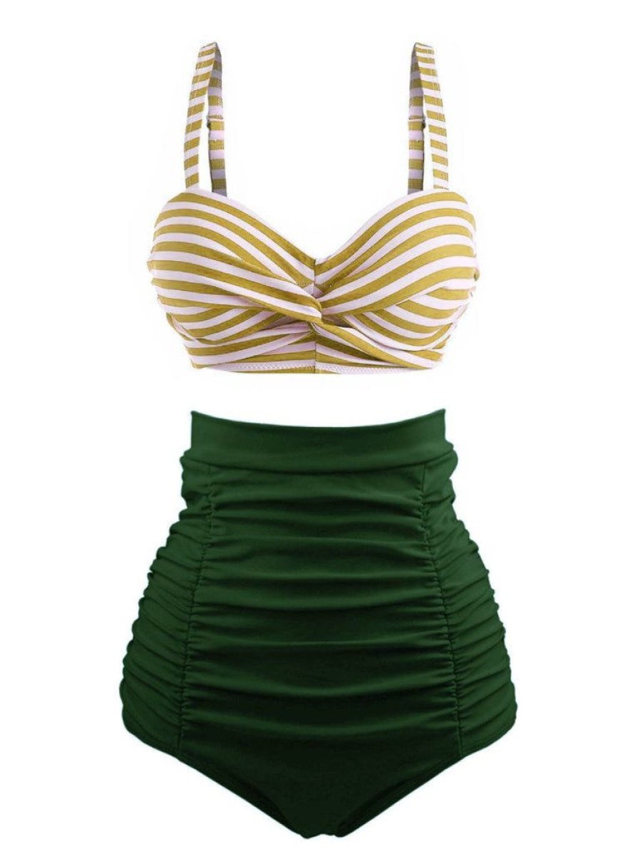 Clothing Retro Stage | [Pre-Sale] 1940S Striped Colorblock Vintage Bikini Set Green