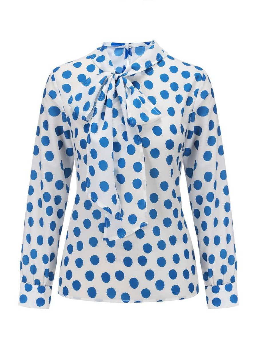 Clothing Retro Stage | 1940S Dots Tie-Up Collar Blouse Blue