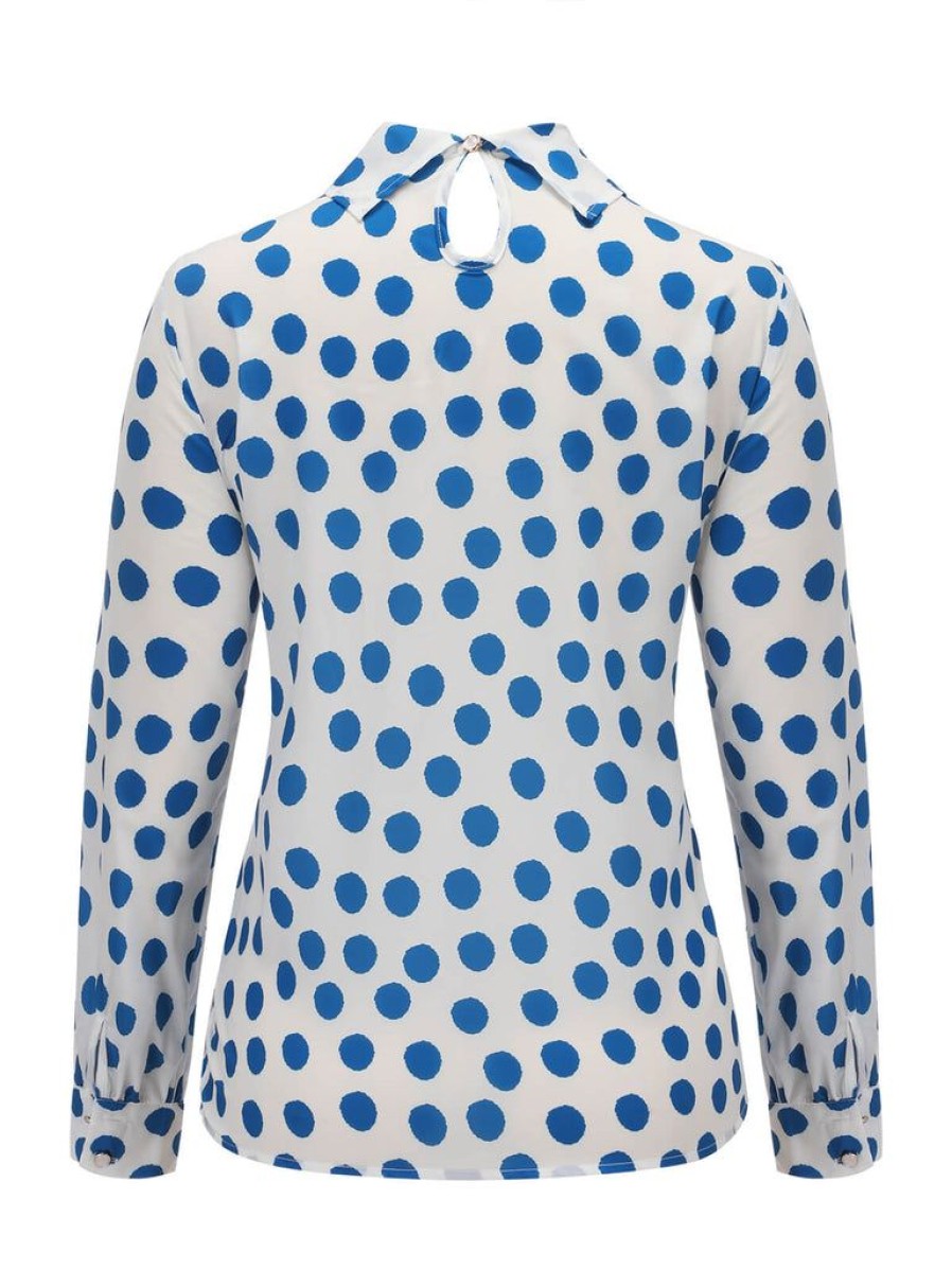 Clothing Retro Stage | 1940S Dots Tie-Up Collar Blouse Blue