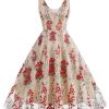 Clothing Retro Stage | 1950S Embroide Floral V-Neck Swing Dress