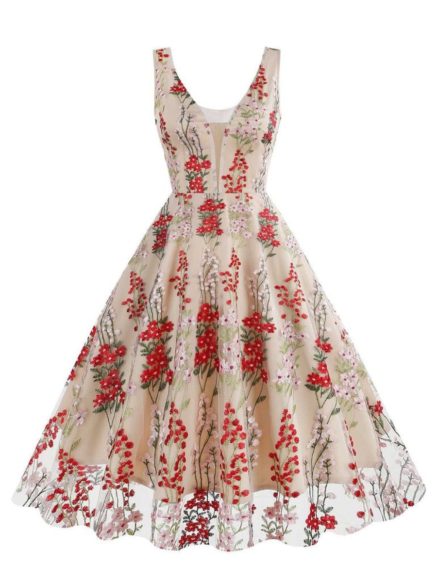 Clothing Retro Stage | 1950S Embroide Floral V-Neck Swing Dress