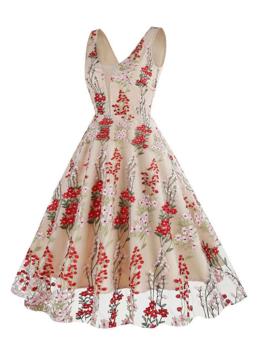 Clothing Retro Stage | 1950S Embroide Floral V-Neck Swing Dress