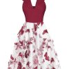 Clothing Retro Stage | 1950S Butterfly Lapel Mesh Dress Wine Red