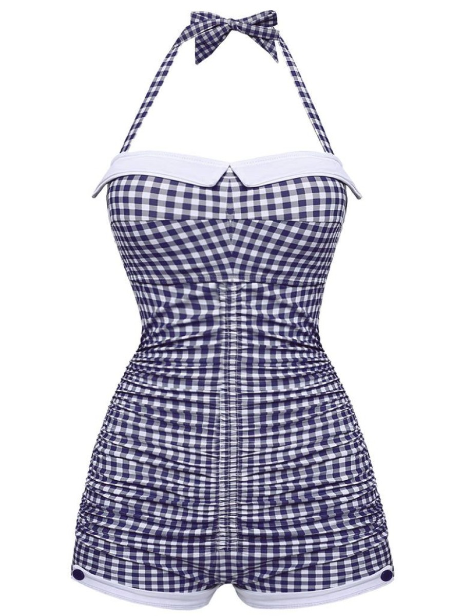 Clothing Retro Stage | Checked 1950S Halter Bowknot One-Piece Swimsuit