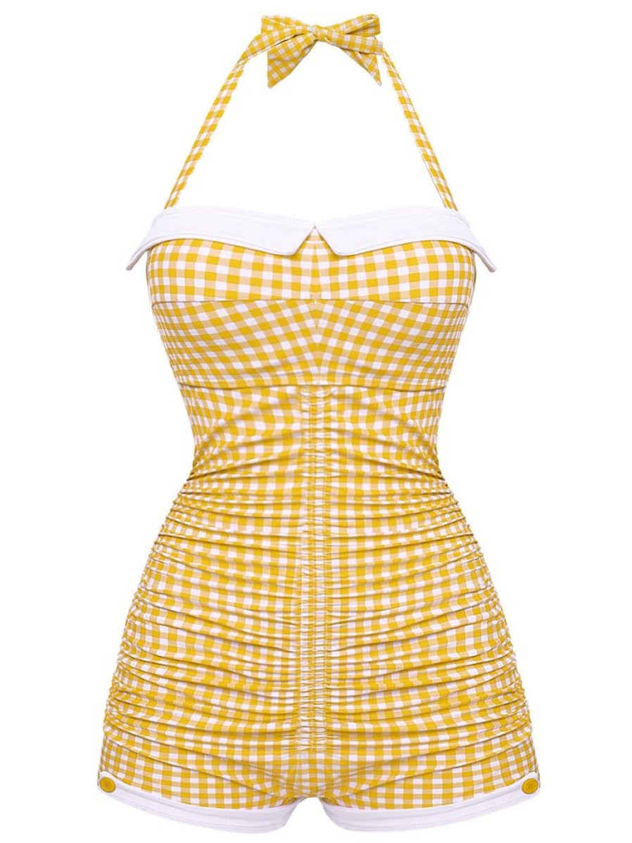 Clothing Retro Stage | Checked 1950S Halter Bowknot One-Piece Swimsuit