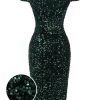 Clothing Retro Stage | Green 1960S Sequins Off-Shoulder Pencil Dress Dark Green