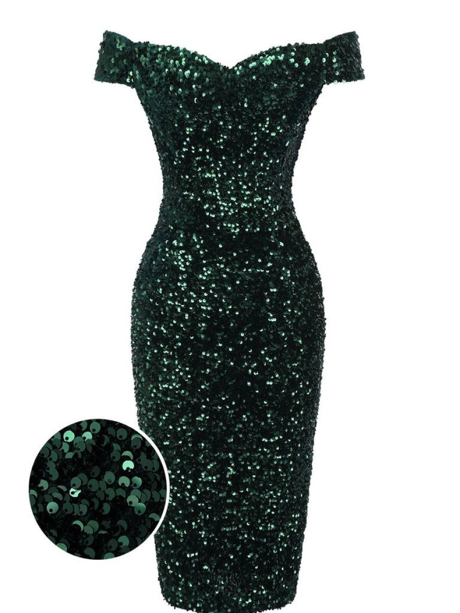 Clothing Retro Stage | Green 1960S Sequins Off-Shoulder Pencil Dress Dark Green