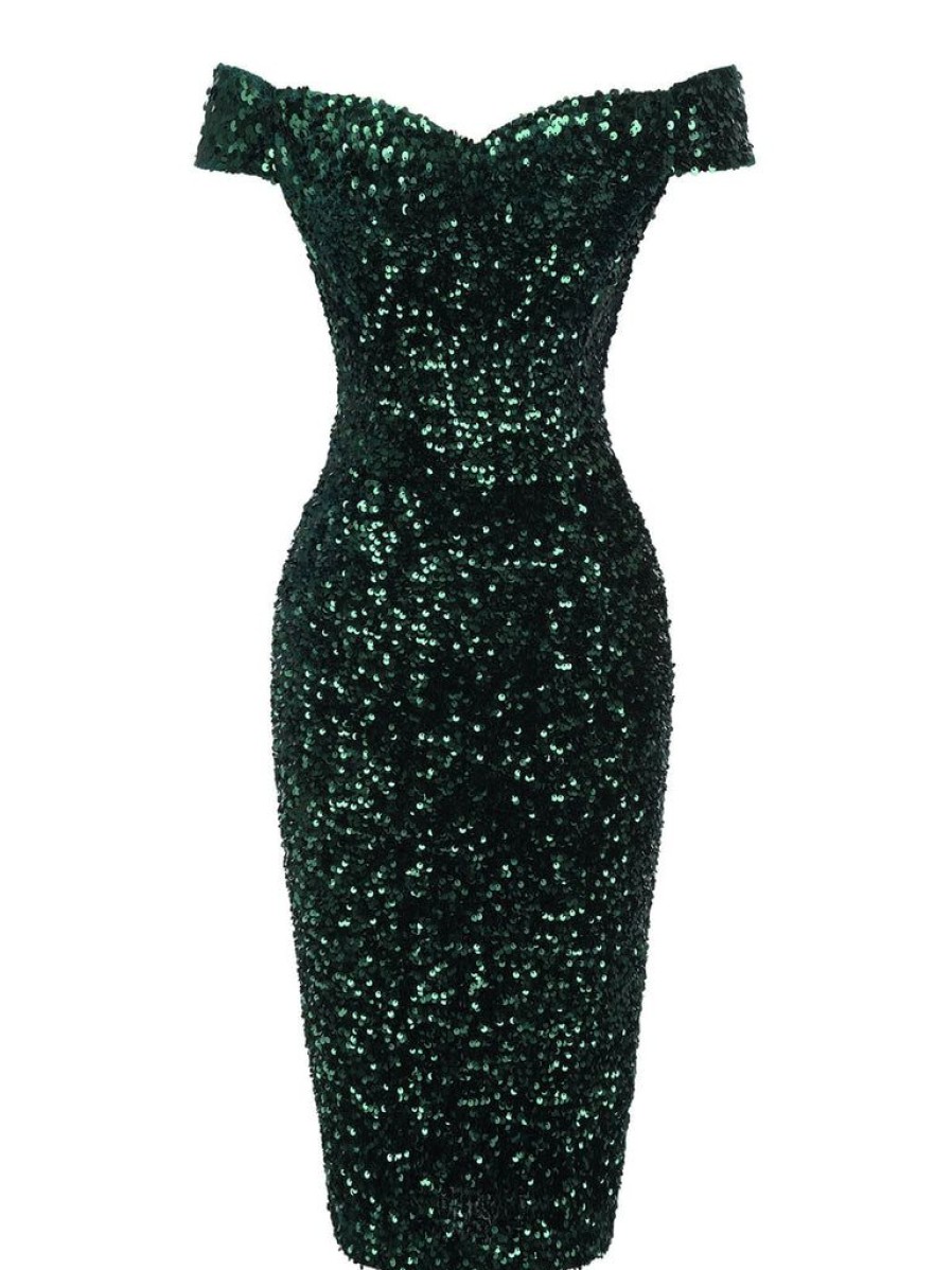 Clothing Retro Stage | Green 1960S Sequins Off-Shoulder Pencil Dress Dark Green