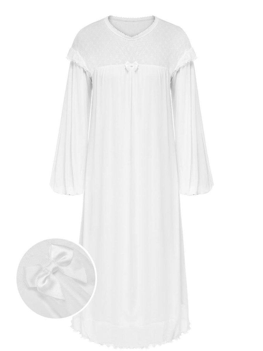 Clothing Retro Stage | 1960S Solid Lantern Sleeve Nightgown White